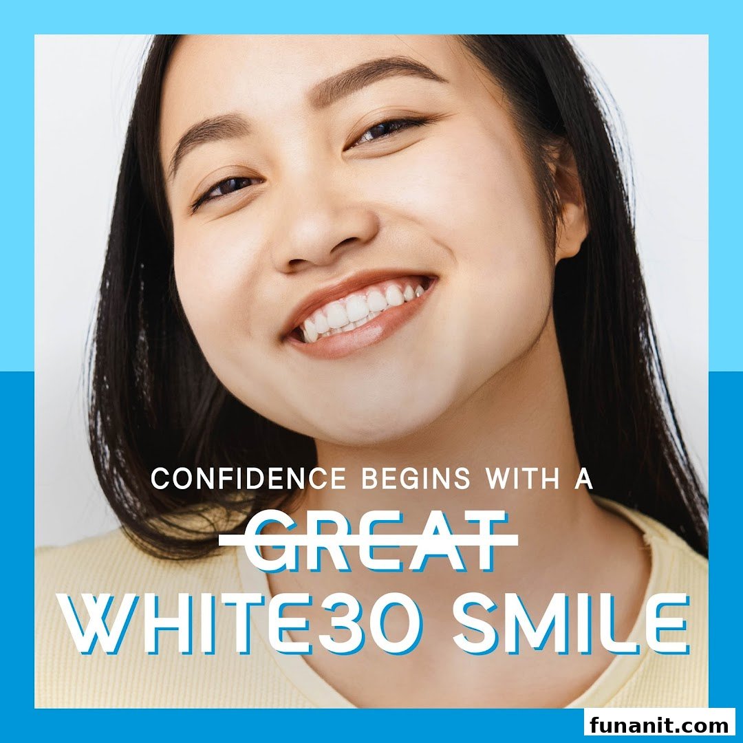 A smiling woman with bright teeth and promotional text about White30 teeth whitening.