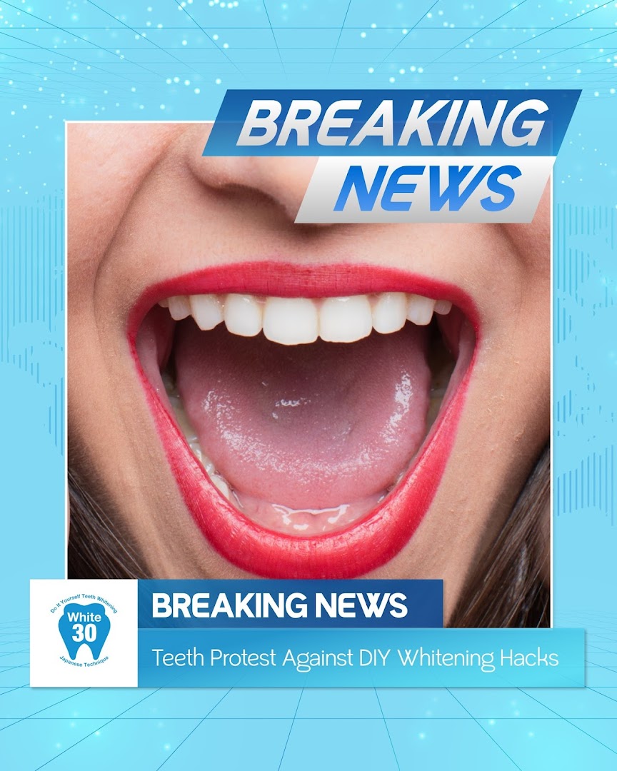 A close-up of a person's mouth with white teeth and red lipstick, featuring 'Breaking News' text about teeth whitening.