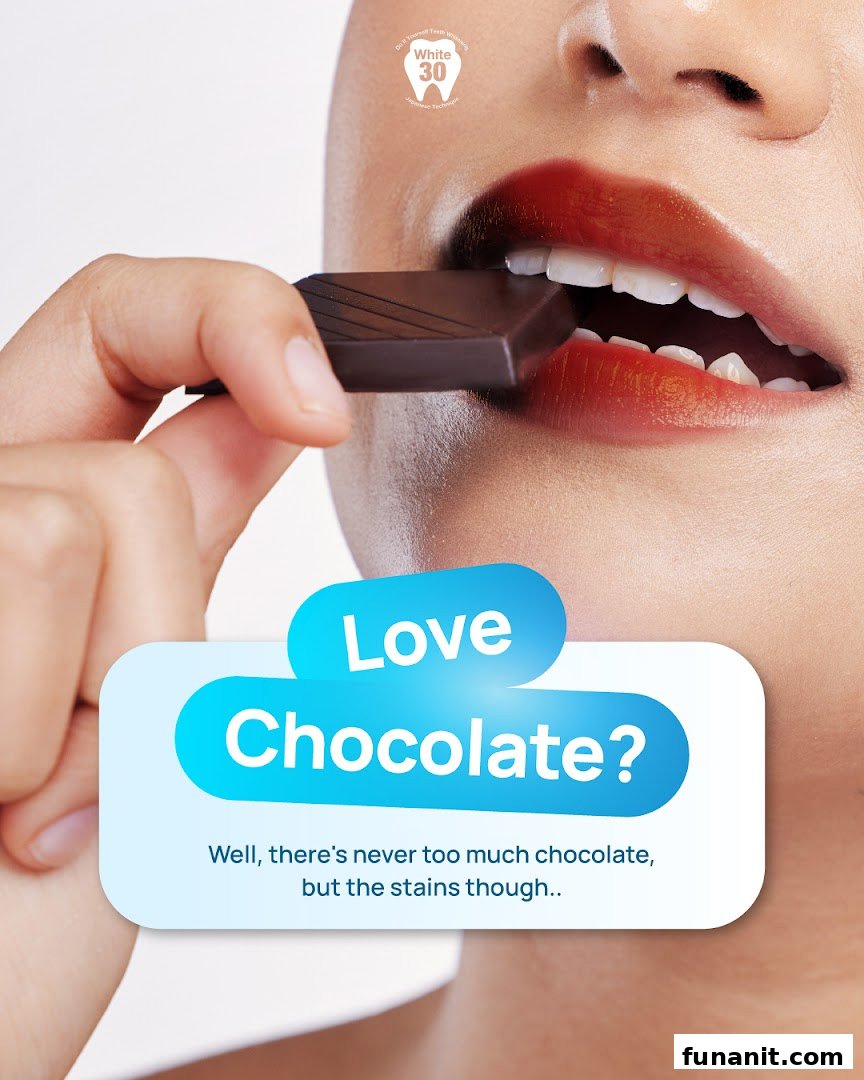 A person eating chocolate with text promoting teeth whitening by addressing chocolate stains.