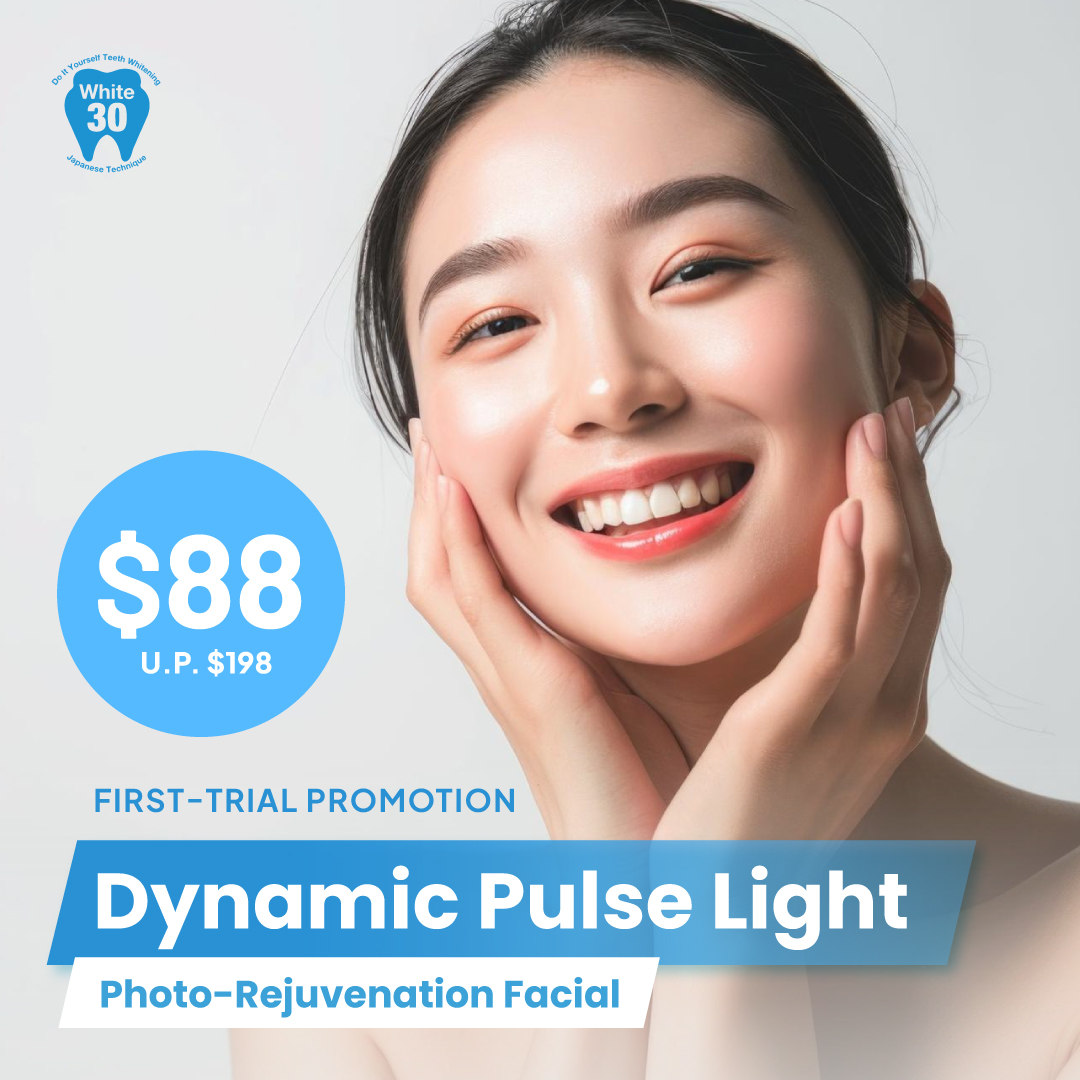A smiling woman with text promoting a Dynamic Pulse Light Photo-Rejuvenation Facial for $88.