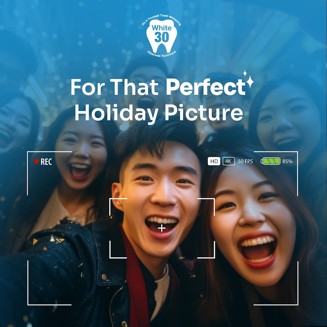 Happy young adults taking a selfie, promoting White30 teeth whitening for perfect holiday pictures.