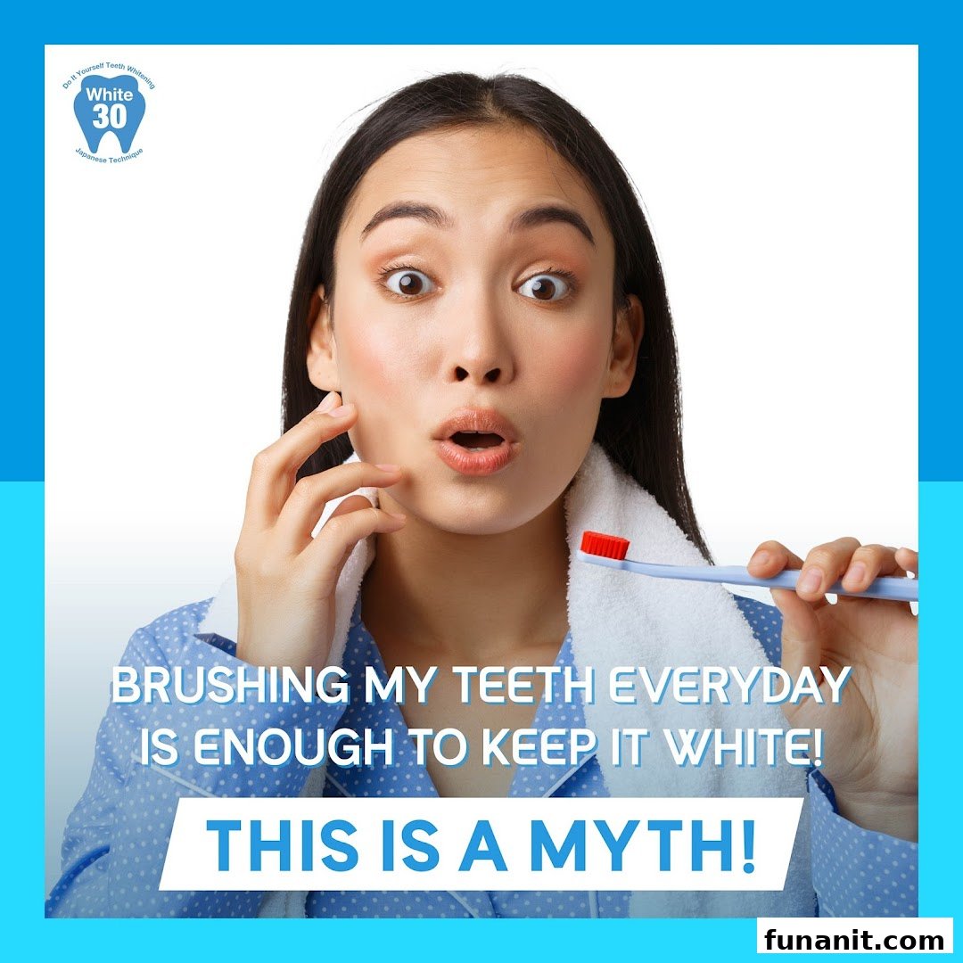 A woman with a toothbrush and text debunking a common teeth whitening myth.
