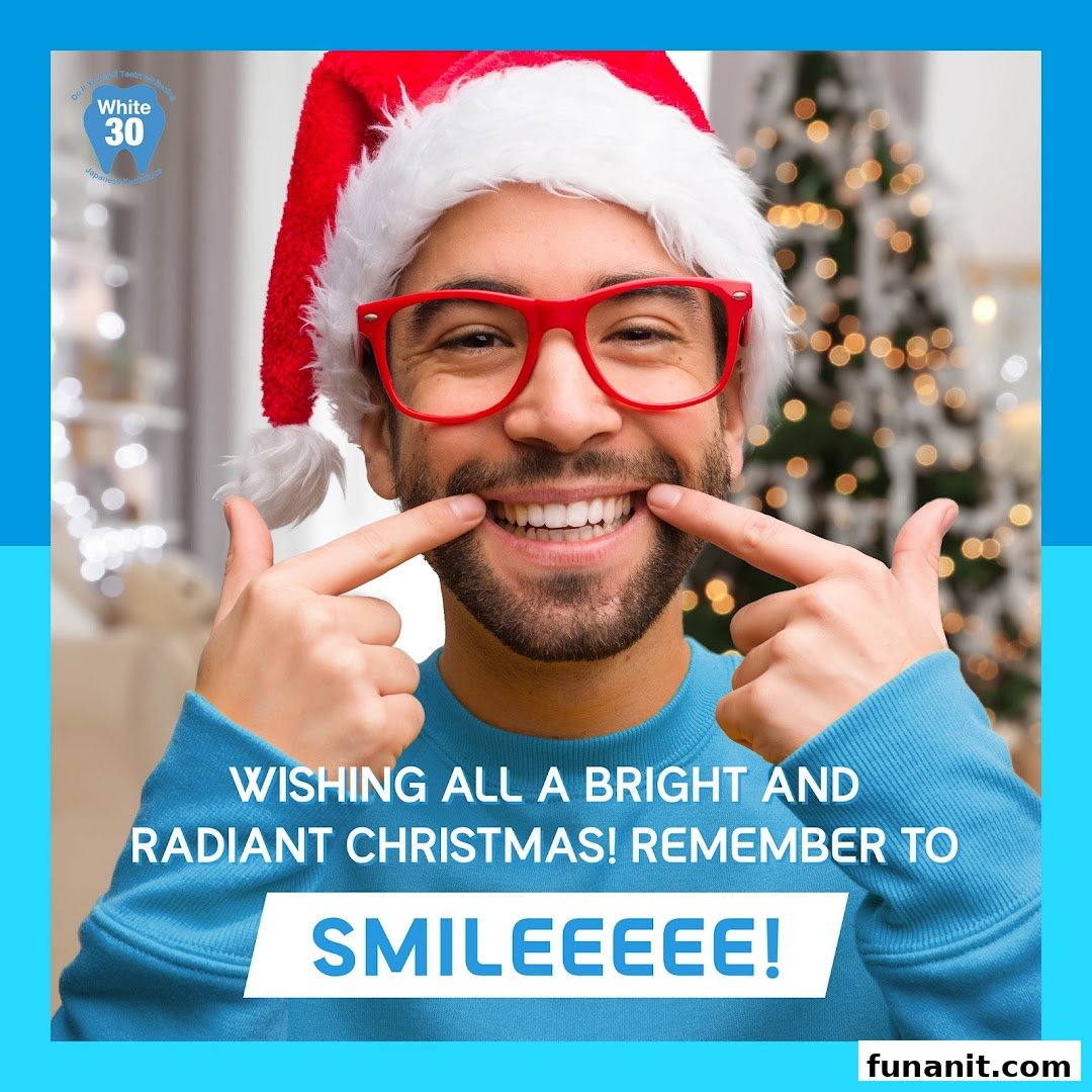A man in a Santa hat points to his bright smile, wishing a radiant Christmas.