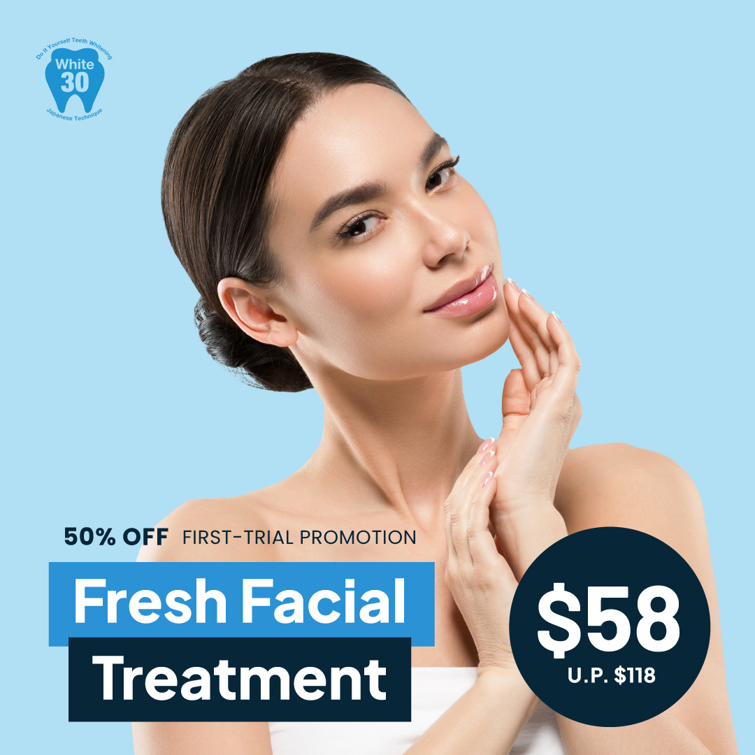 An advertisement featuring a woman and a promotional offer for a Fresh Facial Treatment.