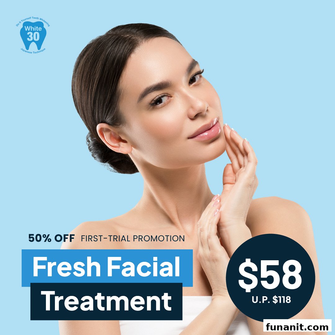 An advertisement featuring a woman and a promotional offer for a Fresh Facial Treatment.