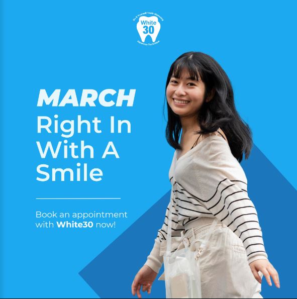 A smiling woman on a blue background with promotional text for White30 teeth whitening services.