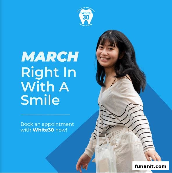 A smiling woman on a blue background with promotional text for White30 teeth whitening services.