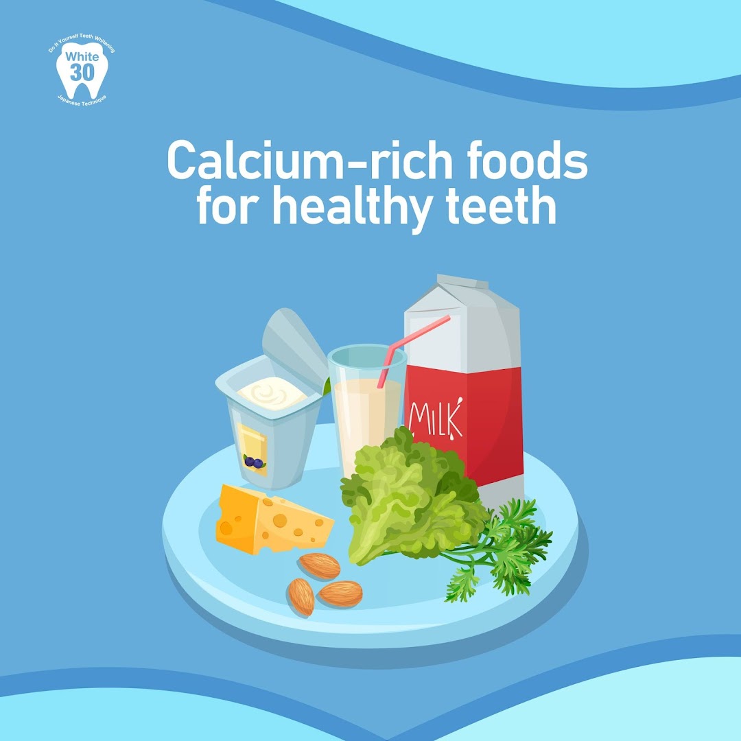 An illustration of calcium-rich foods like milk, yogurt, and cheese for healthy teeth.