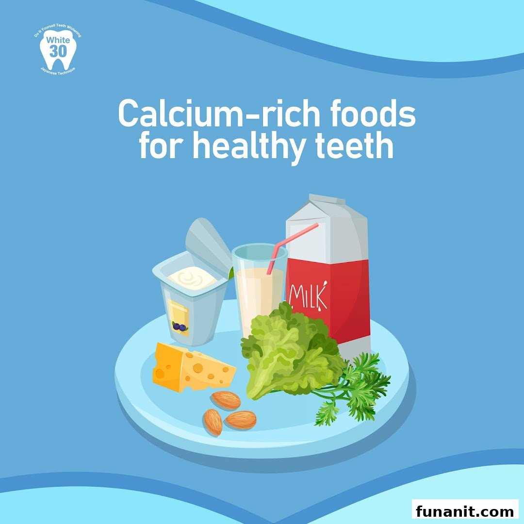 An illustration of calcium-rich foods like milk, yogurt, and cheese for healthy teeth.