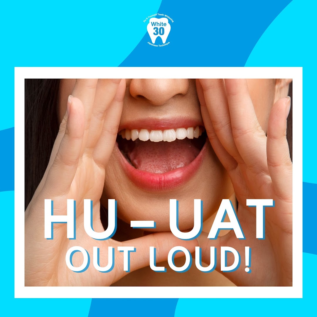 Close-up of a person with bright white teeth, hands cupped, and text 'HU-UAT OUT LOUD!'.