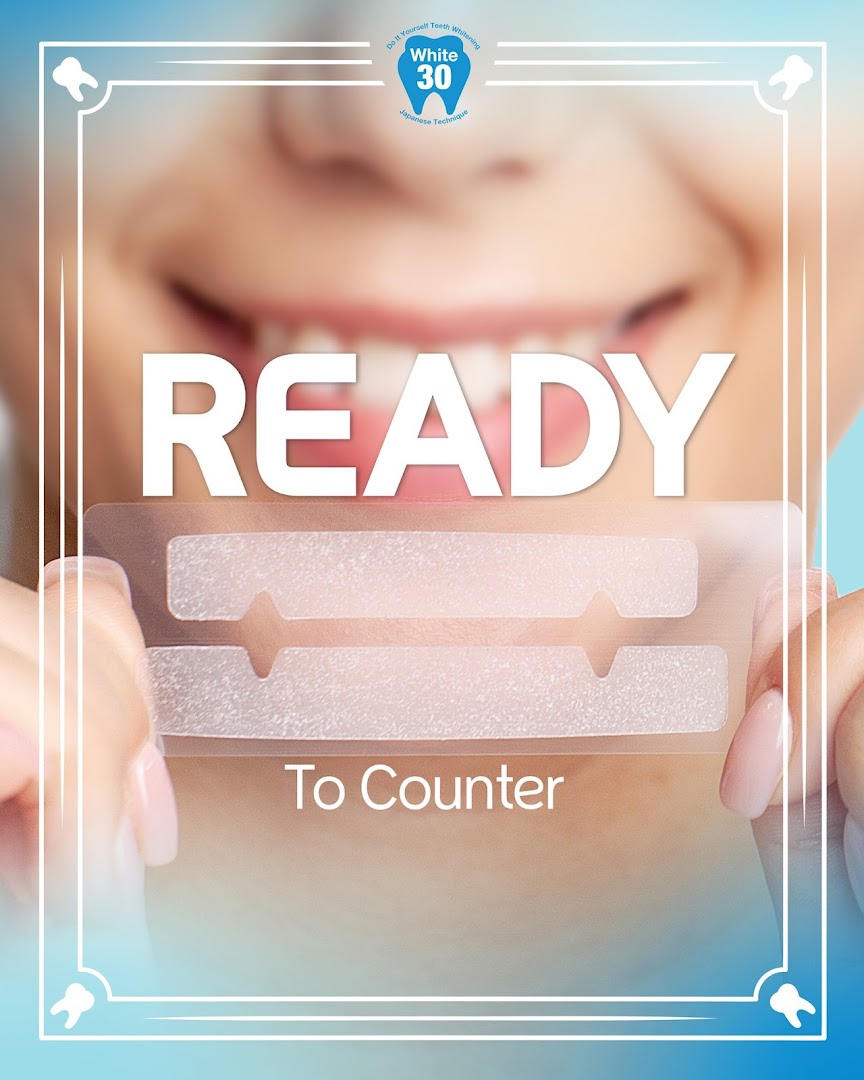 A person holding teeth whitening strips, with 'READY To Counter' text and White30 branding.