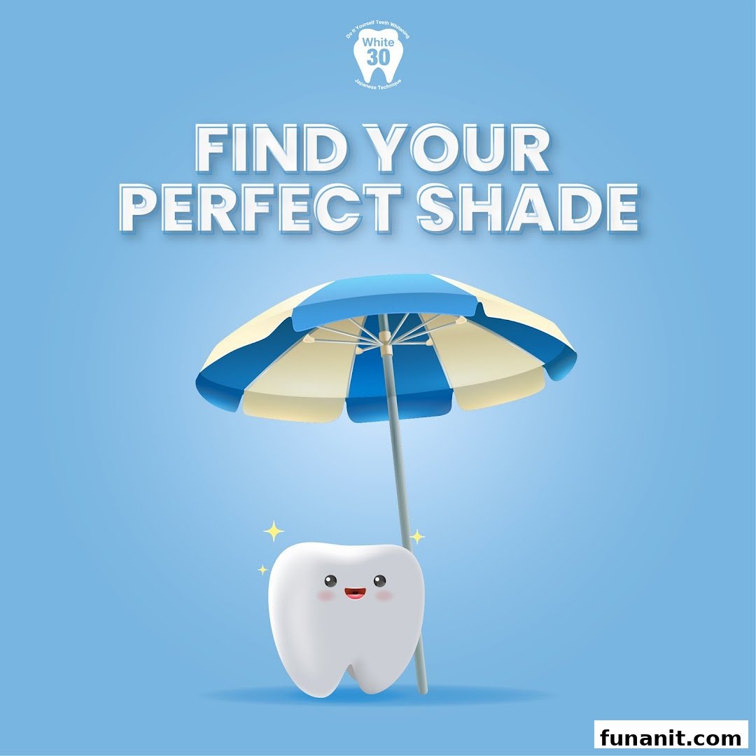 An illustration of a happy tooth under an umbrella with text 'FIND YOUR PERFECT SHADE' for White30.