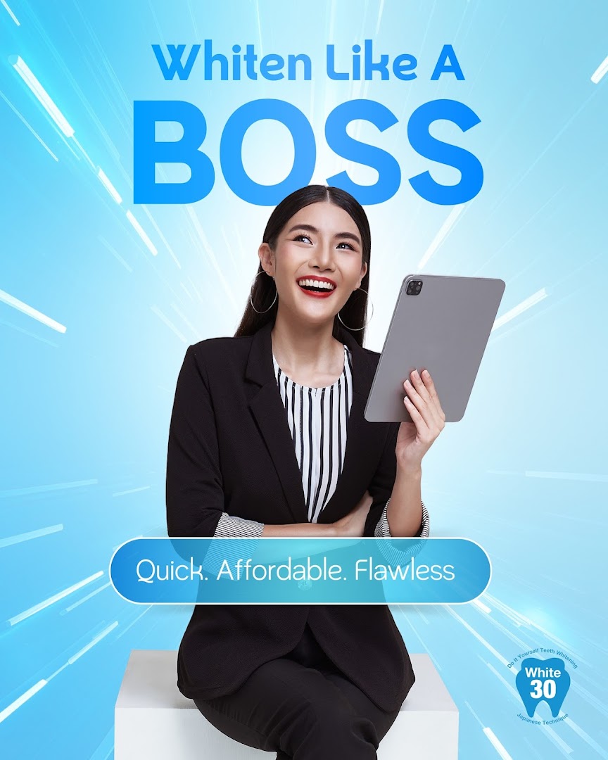 A smiling woman holding a tablet, promoting White30 teeth whitening services.