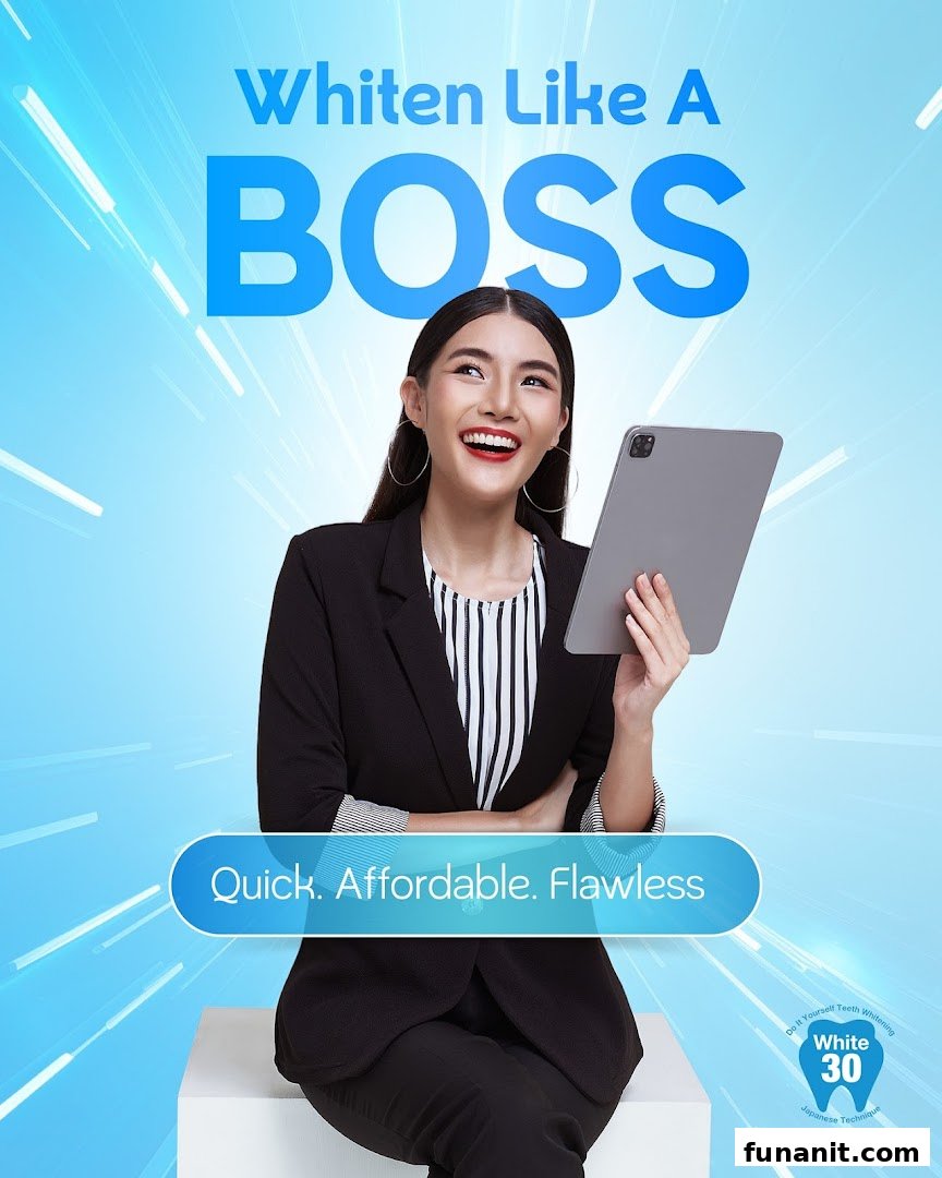 A smiling woman holding a tablet, promoting White30 teeth whitening services.