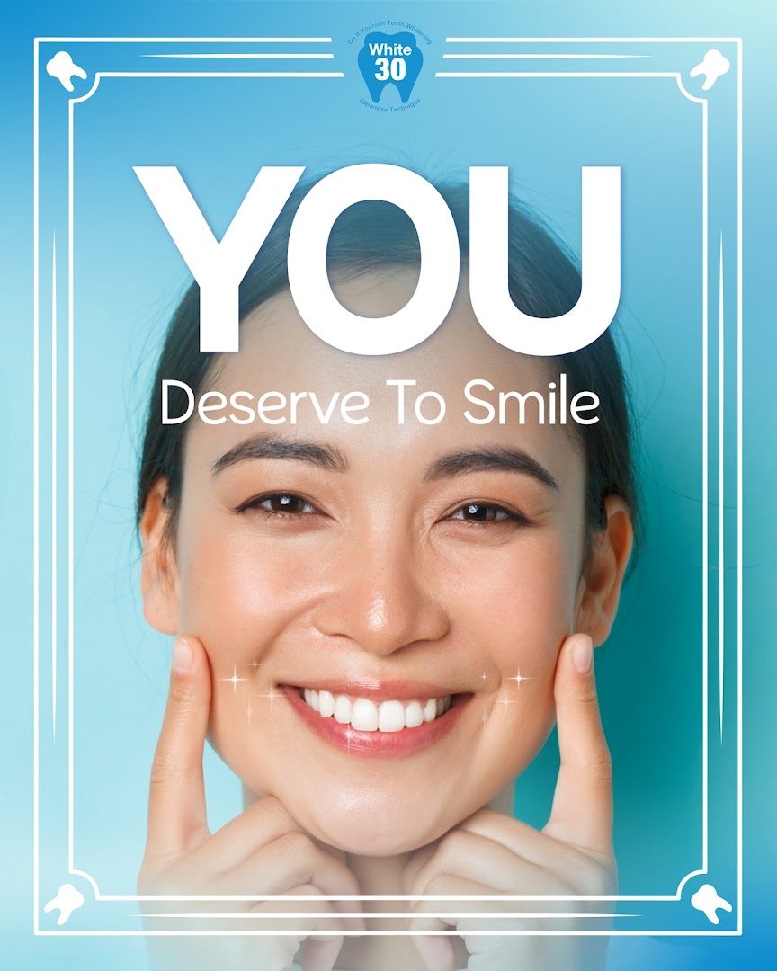 A promotional image featuring a smiling woman with bright teeth and the text 'YOU Deserve To Smile'.