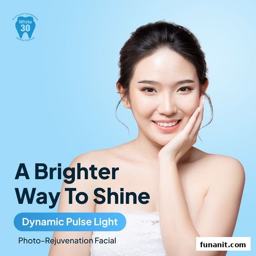 A smiling woman promoting White30's Dynamic Pulse Light Photo-Rejuvenation Facial on a blue background.