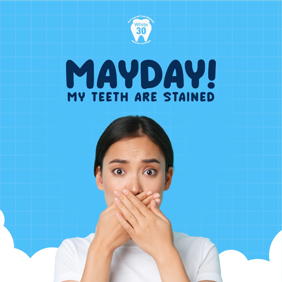 An image featuring a woman covering her mouth with text about stained teeth and the White30 logo.