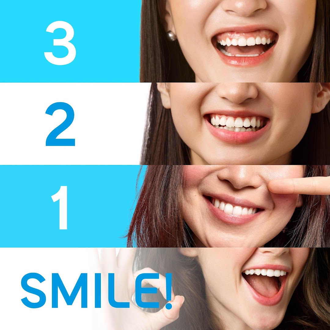 A collage featuring various smiles and the countdown text '3 2 1 SMILE!'