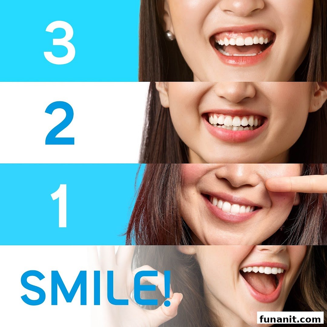 A collage featuring various smiles and the countdown text '3 2 1 SMILE!'