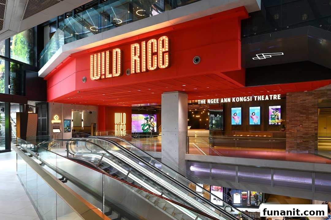 The vibrant red entrance of Wild Rice theatre at Funan mall, with escalators leading to its grand lobby.