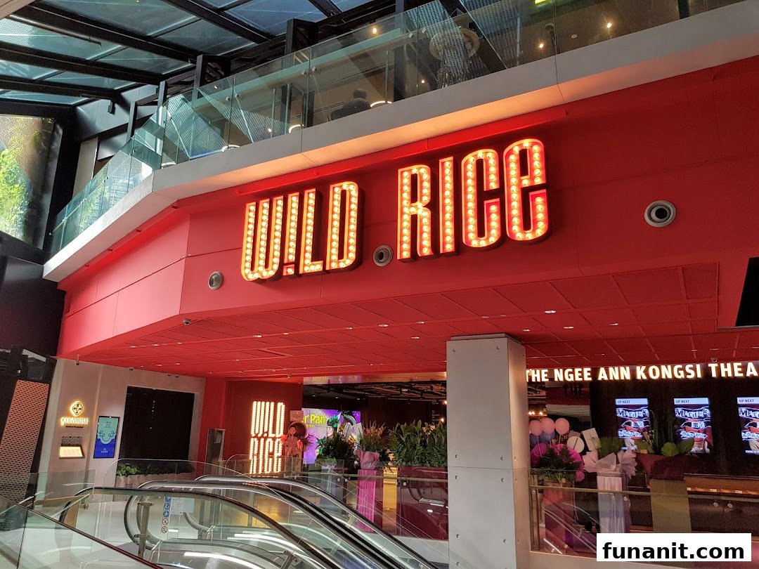 The vibrant red facade and illuminated sign of Wild Rice theatre at Funan mall.