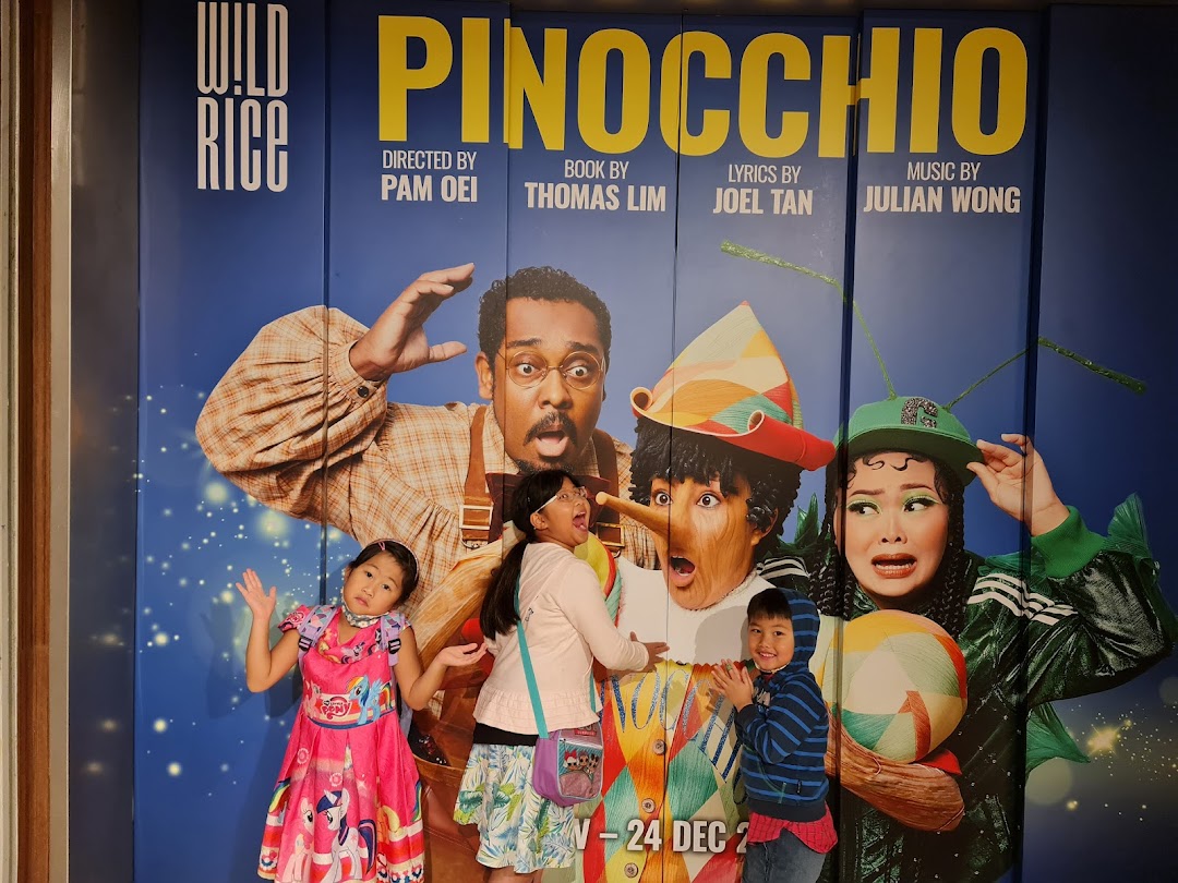 Children pose excitedly in front of Wild Rice's vibrant 'Pinocchio' play poster at Funan.