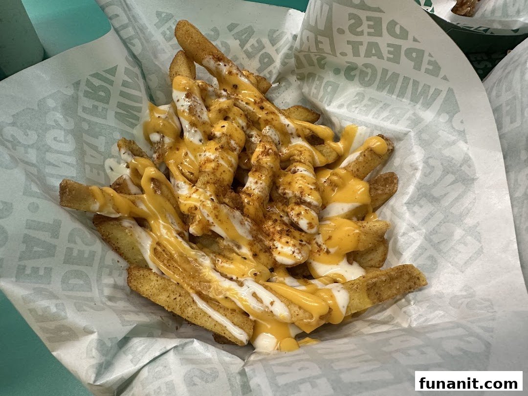Close-up of Wingstop's seasoned fries generously topped with cheese and creamy sauces.