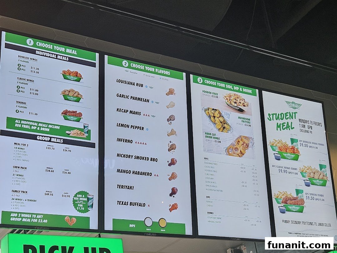 A digital menu board displaying Wingstop's meal options, flavors, sides, and student deals.
