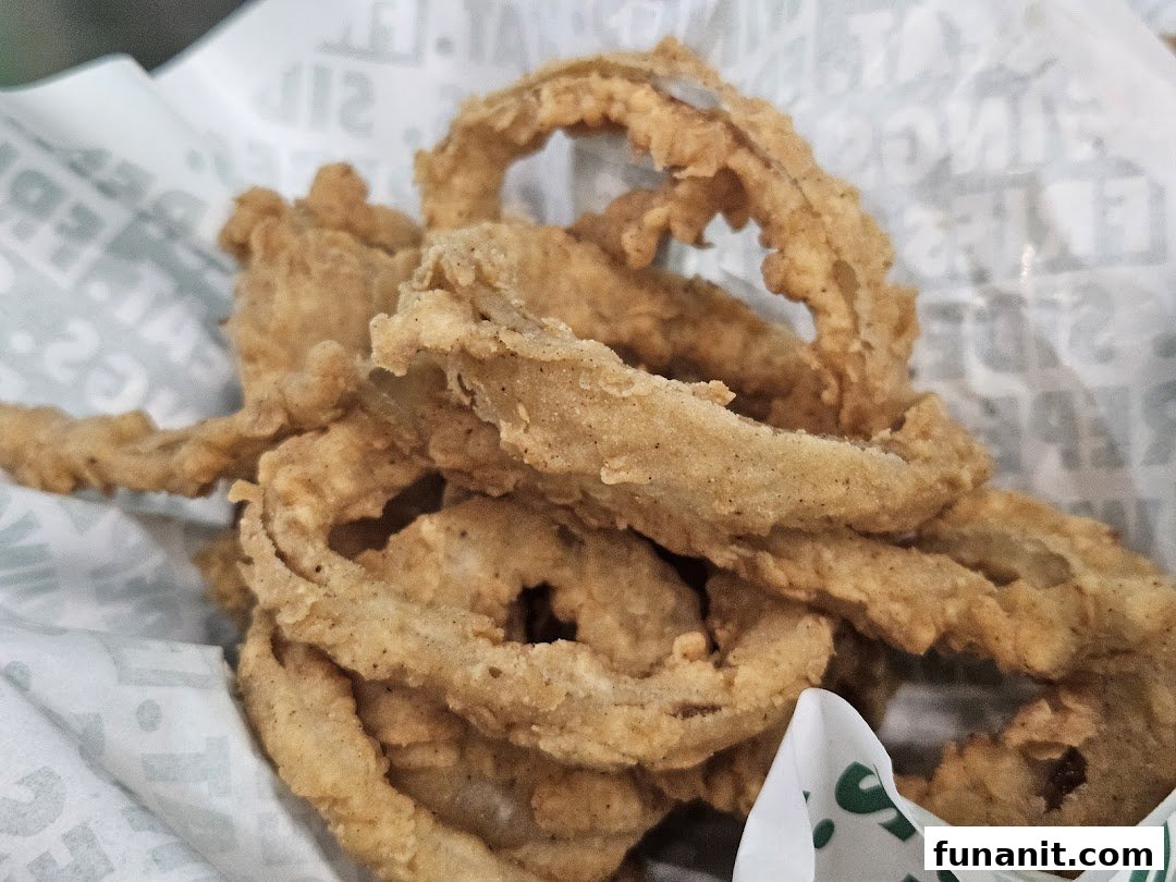 A close-up of crispy, golden-brown onion rings from Wingstop, served in branded paper.