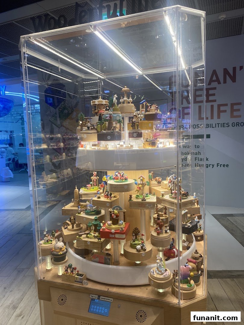 A clear display case showcasing a variety of intricate wooden music boxes and charming figurines from Wooderful Life.