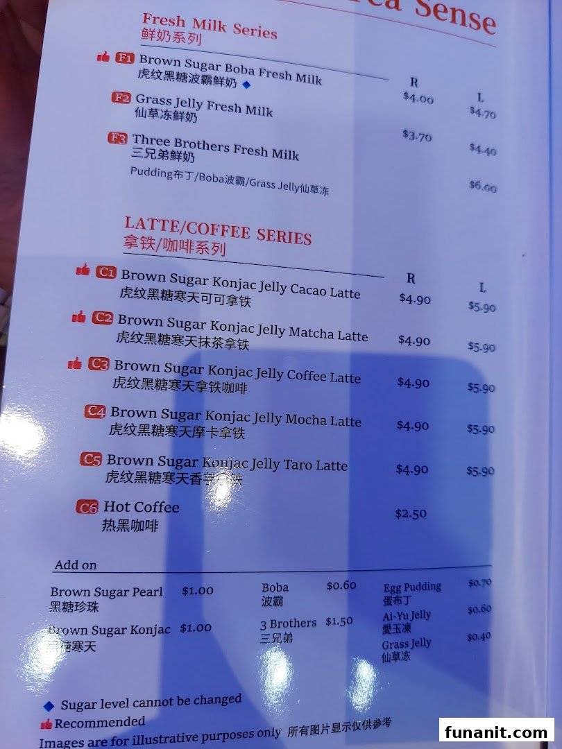 A detailed menu displaying various fresh milk, latte, and coffee series drinks with prices and add-on options.