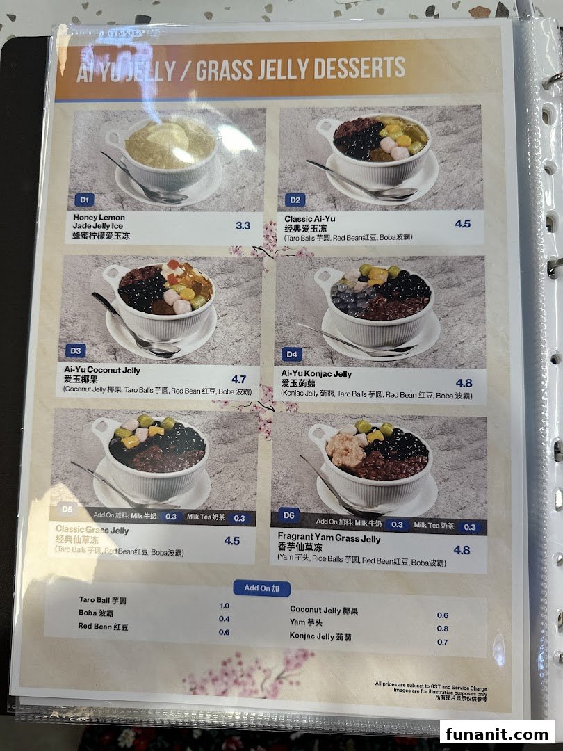 A menu page showcasing various Ai-Yu and Grass Jelly desserts with prices and add-ons.
