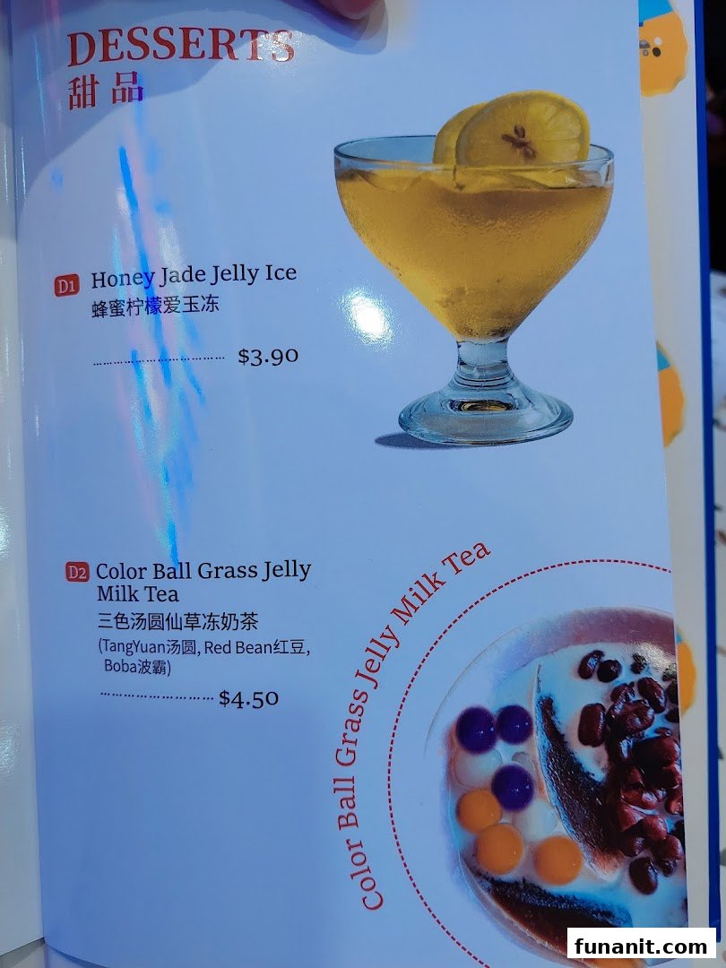 Menu page showcasing Taiwanese desserts: Honey Jade Jelly Ice and Color Ball Grass Jelly Milk Tea with prices.