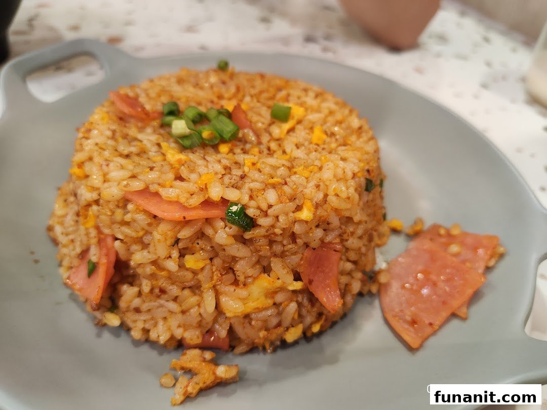 A close-up of savory fried rice with ham and spring onions on a grey plate.