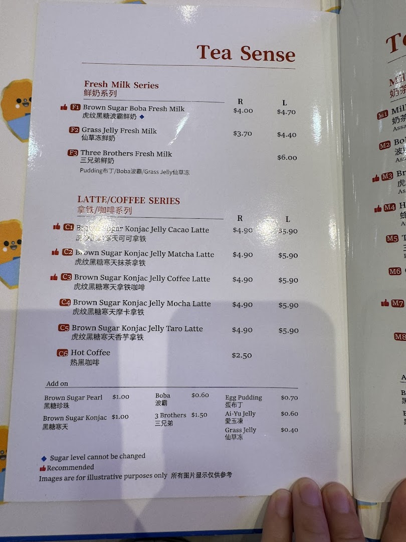 A detailed menu from Tea Sense, featuring fresh milk series, latte/coffee, and various add-ons with prices.