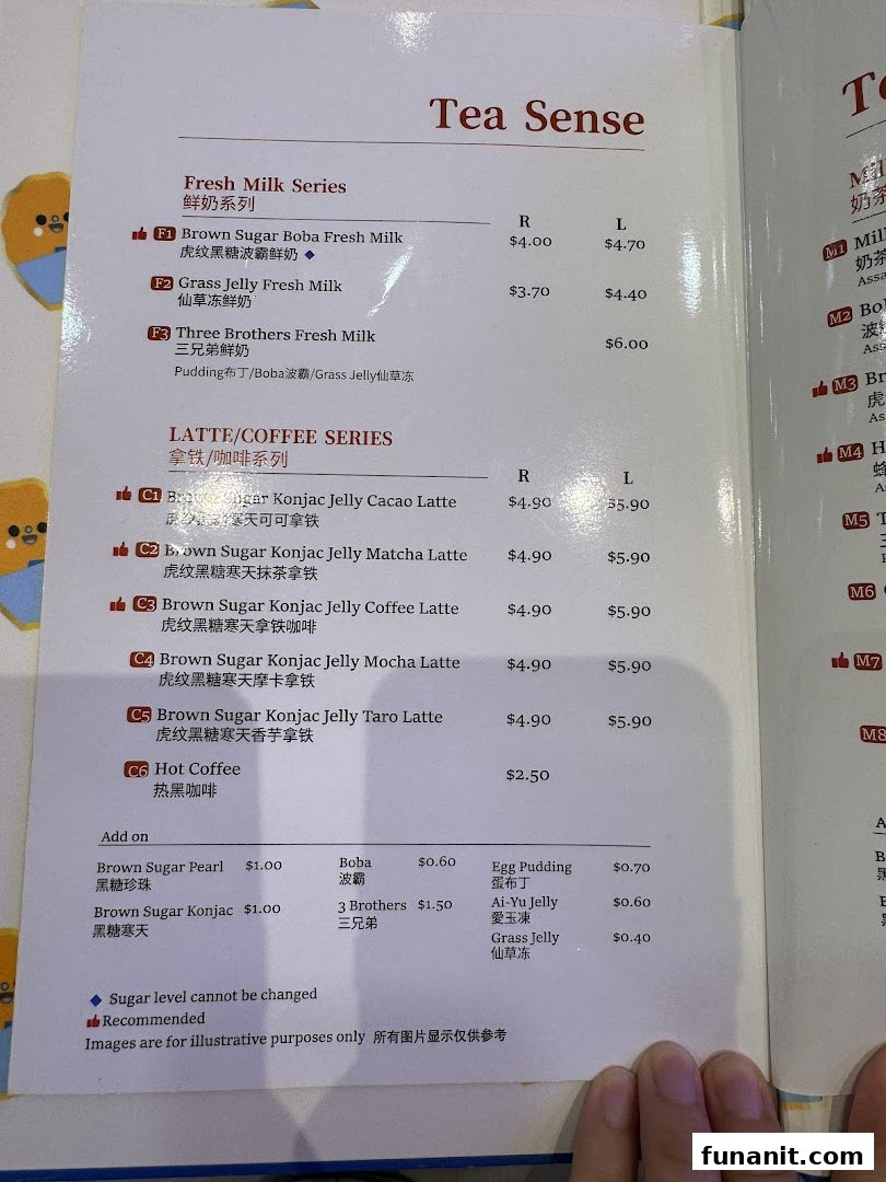 A detailed menu from Tea Sense, featuring fresh milk series, latte/coffee, and various add-ons with prices.