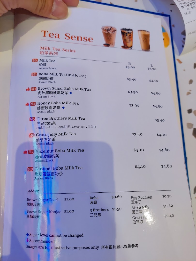 A detailed menu page showcasing a variety of milk teas and add-ons from the 'Tea Sense' series.