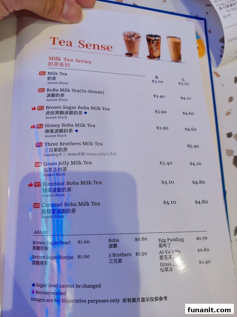 A detailed menu page showcasing a variety of milk teas and add-ons from the 'Tea Sense' series.