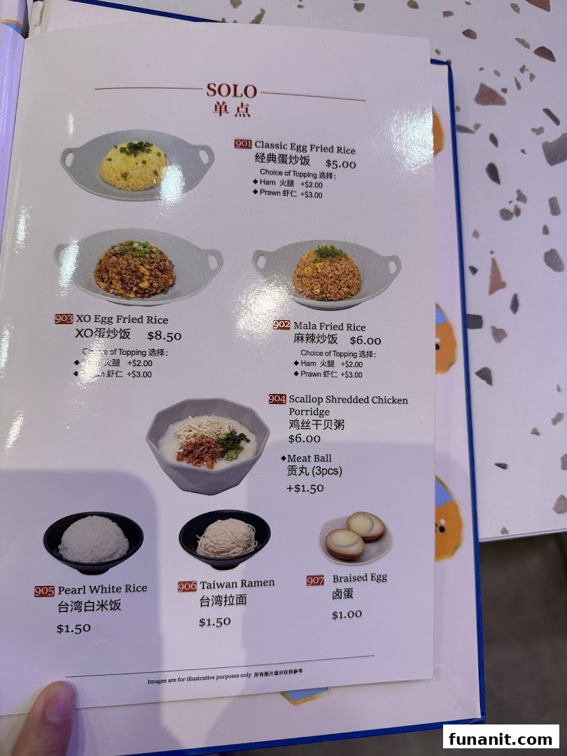 A menu page displaying various solo Taiwanese rice, noodle, and porridge dishes with prices.