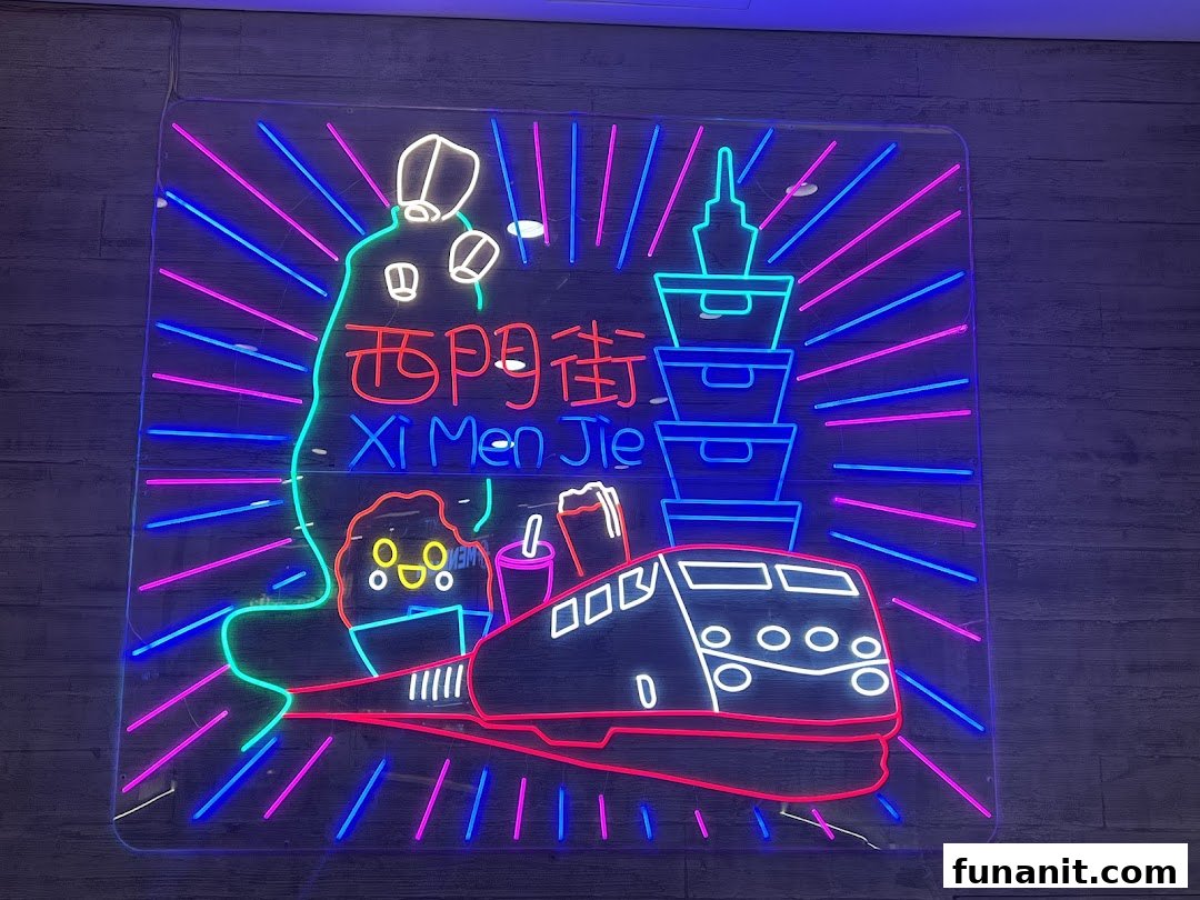 Vibrant neon sign featuring Taiwanese cultural elements like a train, lanterns, and food, with 'Xi Men Jie' text.