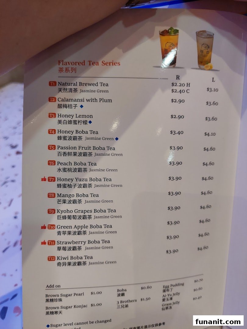 A detailed menu displaying a variety of flavored tea series and add-ons with prices.