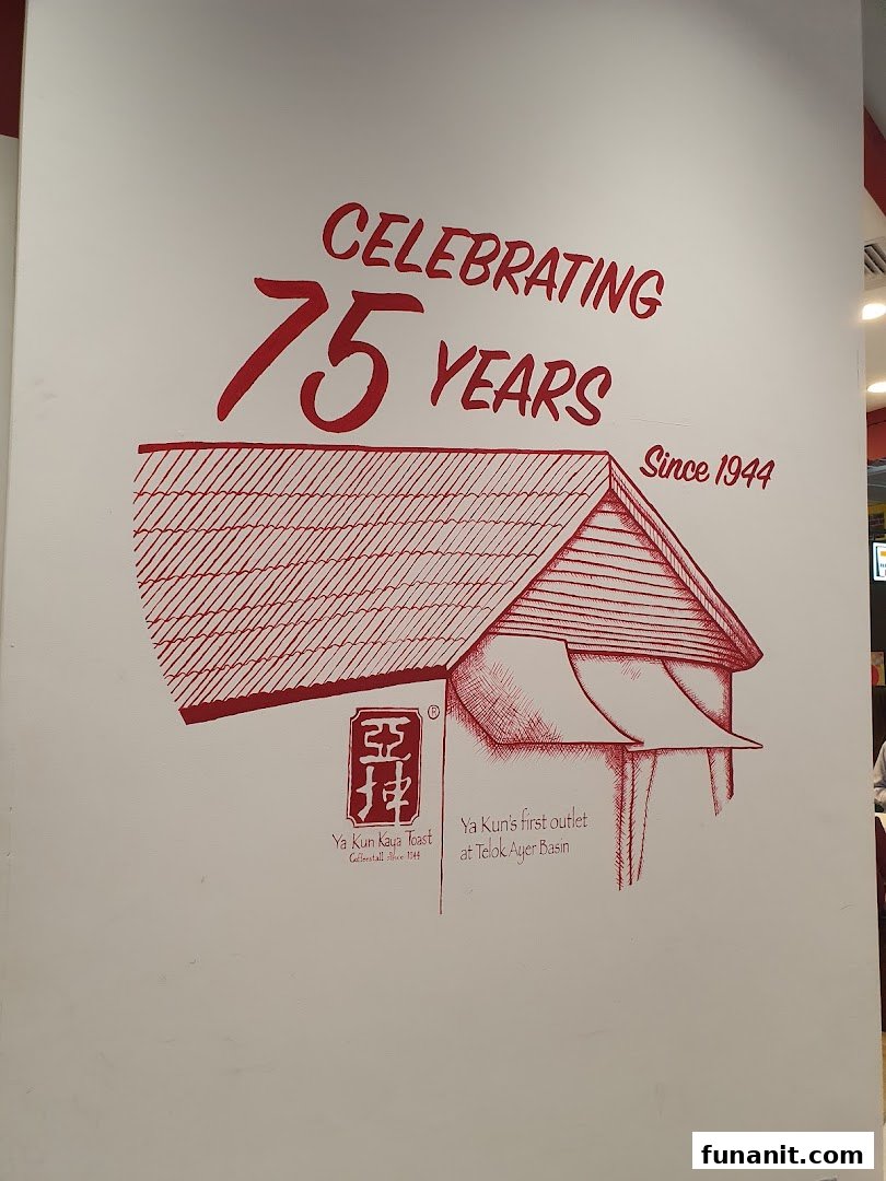 A wall mural celebrating Ya Kun Kaya Toast's 75th anniversary, featuring an illustration of its first outlet.
