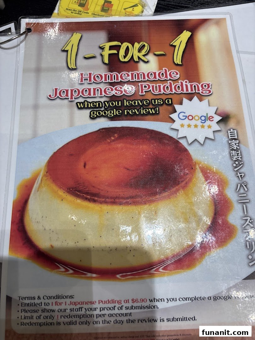 A promotional offer for 1-for-1 homemade Japanese pudding with a Google review, showing the dessert.