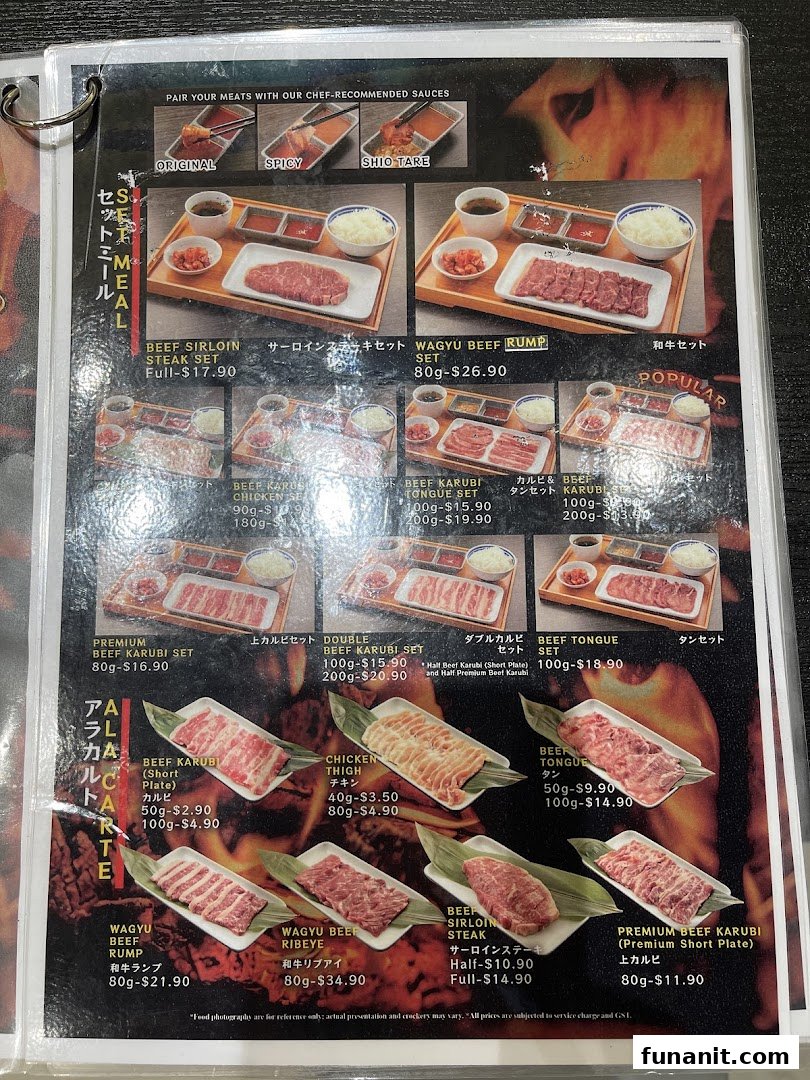 A detailed menu page from Yakiniku Shokudo featuring various yakiniku sets and à la carte meat options.
