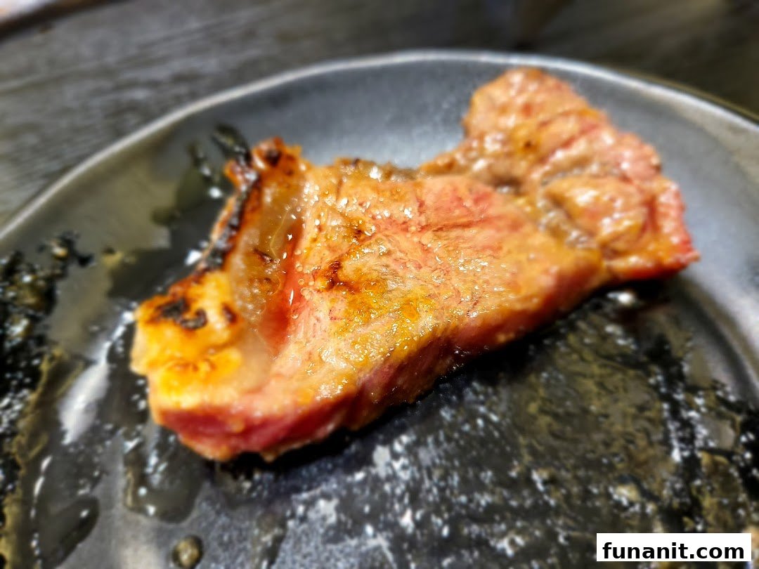 A close-up of a perfectly grilled piece of yakiniku beef on a dark plate.