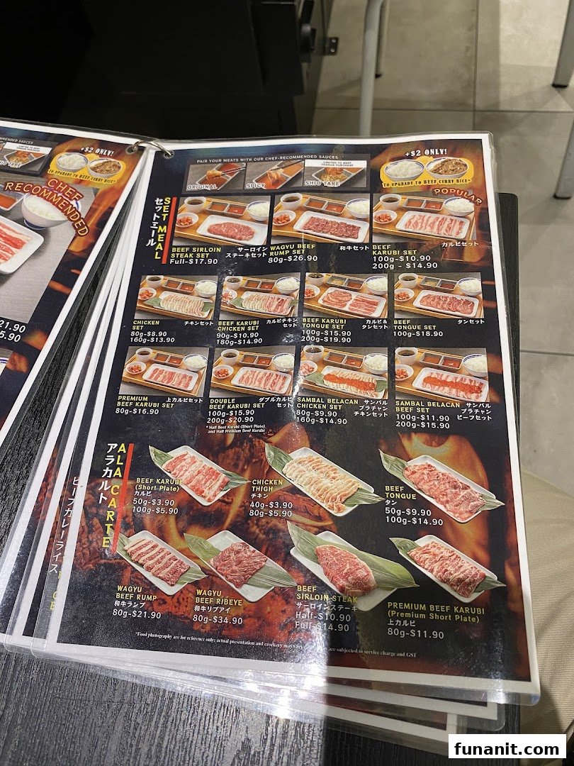 A detailed menu displaying various beef, chicken, and wagyu sets and a la carte options.