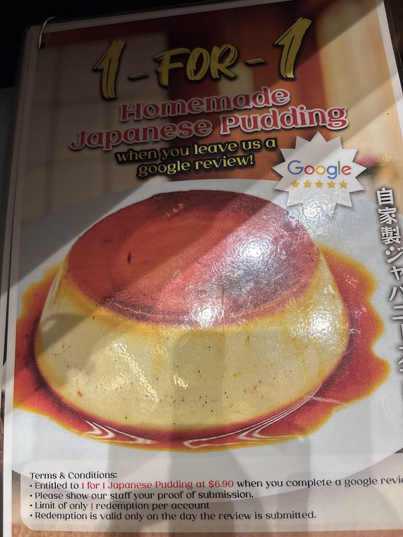 A promotional offer for a 1-for-1 homemade Japanese pudding, contingent on leaving a Google review.