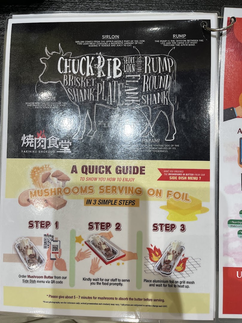 A menu page detailing beef cuts and a guide for preparing mushrooms on foil at Yakiniku Shokudo.