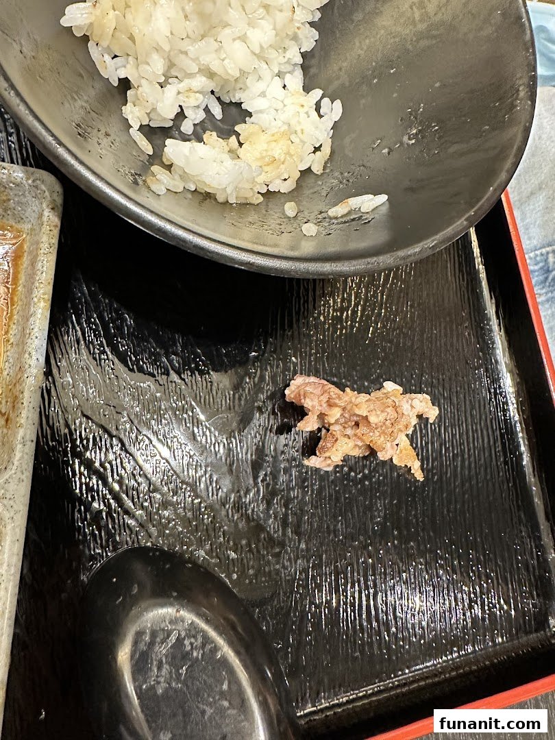 A close-up of a meal at Yakiniku Shokudo, featuring rice and a piece of grilled meat on a black tray.