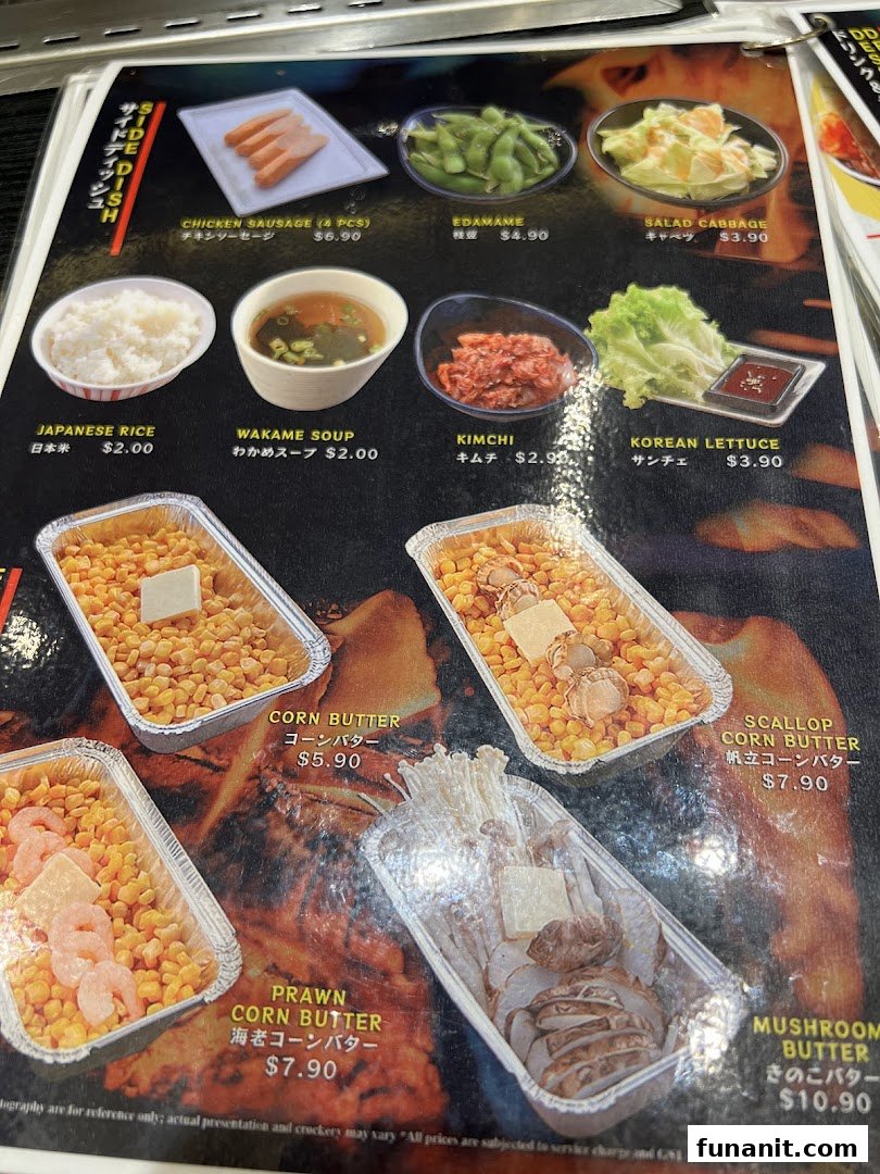 A detailed menu page showcasing various side dishes and grilled items with prices.